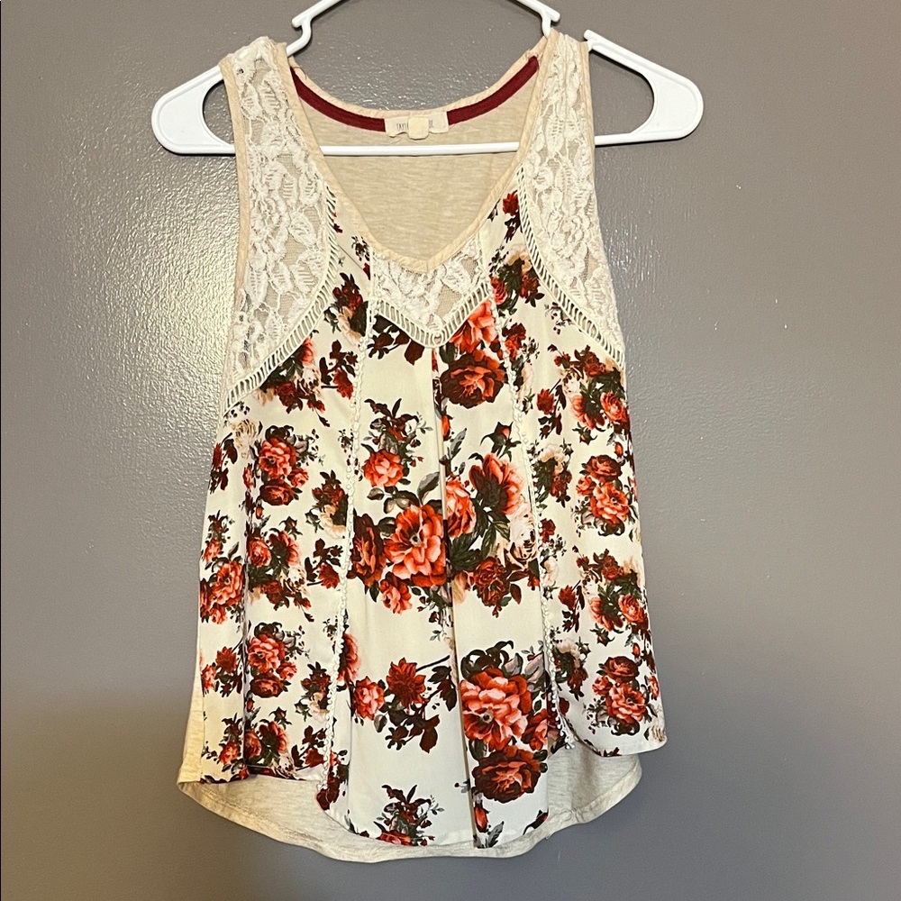 Taylor & Sage Cream and Red Floral Lace Tank Top